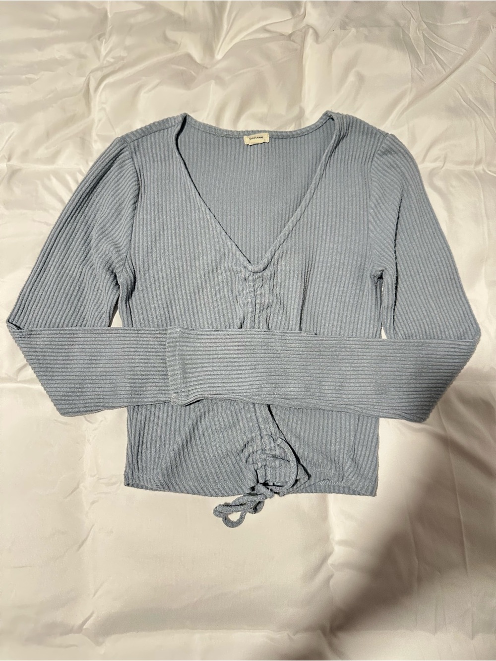 Garage Ruched V-Neck Long-Sleeve Crop Top - Slate Blue